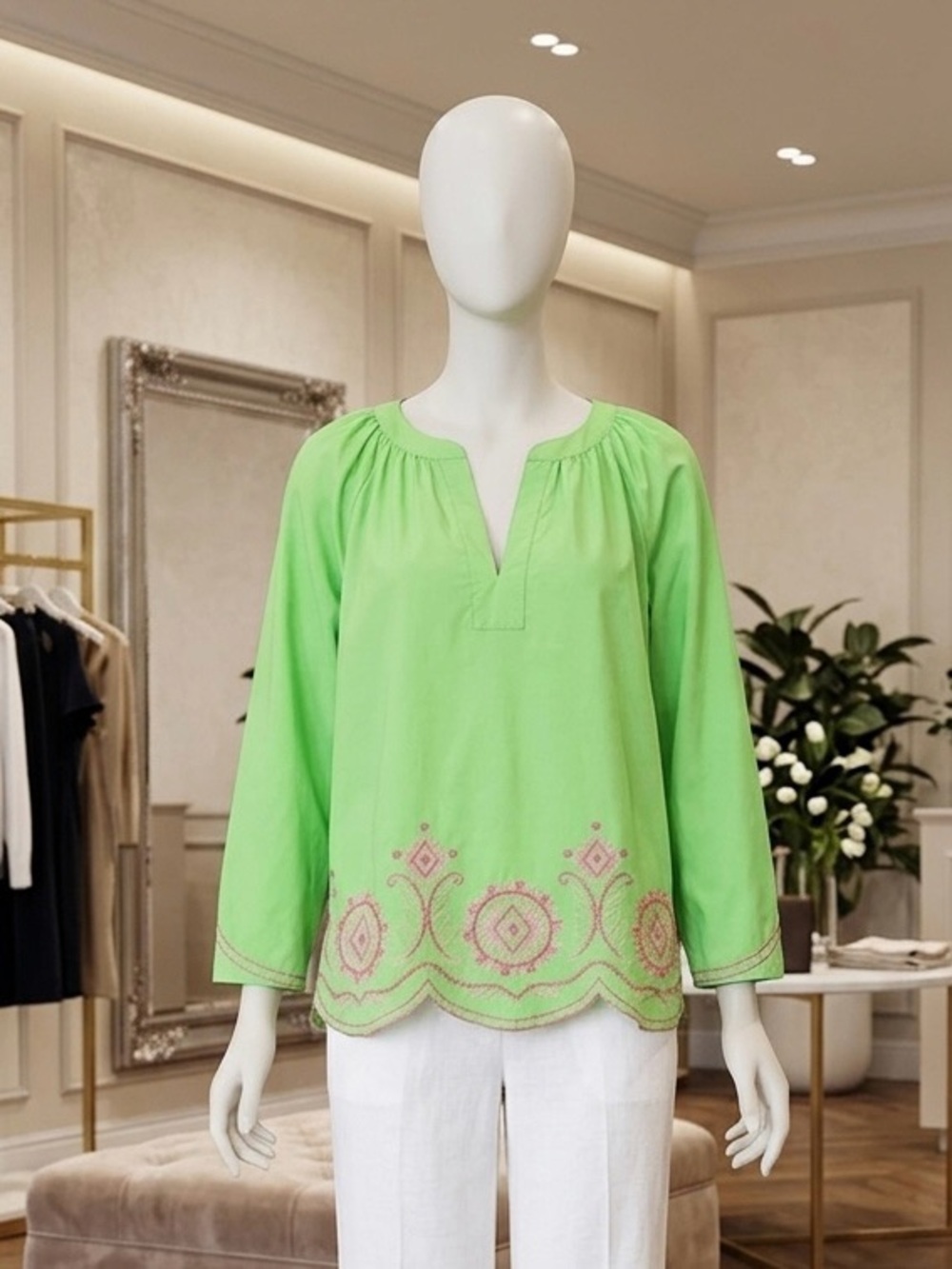 crown & ivy Lime Green Embroidered Notch-Neck Tunic